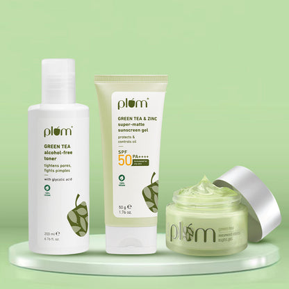 Plum Goodness Green Tea Mattenance Kit with Green Tea Toner, Green Tea SPF 50 Sunscreen, and Green Tea Night Gel