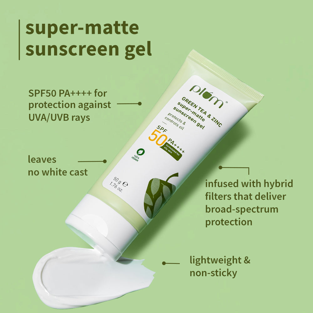 Plum Goodness Green Tea Mattenance Kit with Green Tea Toner, Green Tea SPF 50 Sunscreen, and Green Tea Night Gel