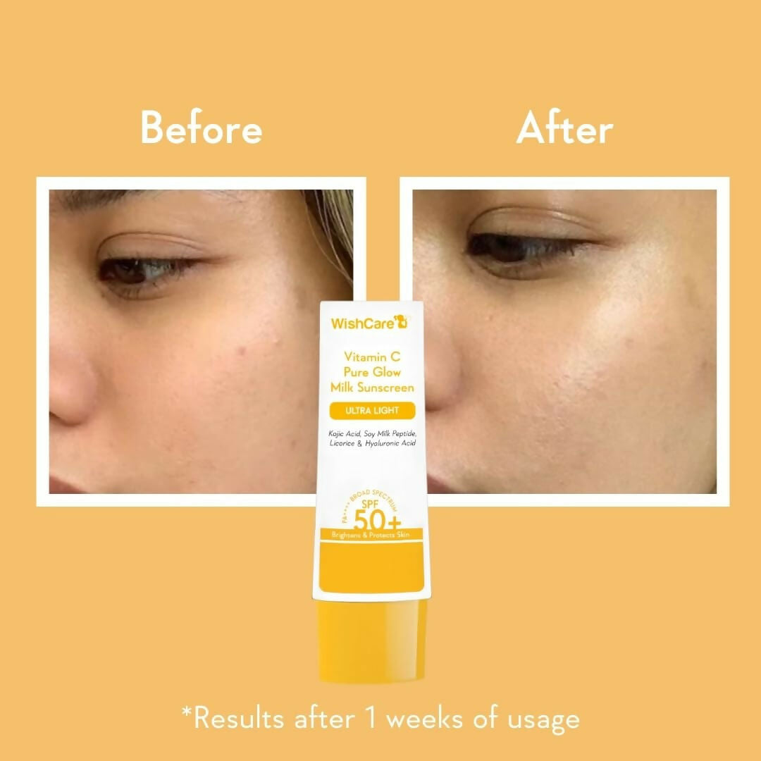 Wishcare Vitamin C Pure Glow Milk Sunscreen SPF 50 bottle with white and orange packaging, moisturizing sunscreen for glowing skin