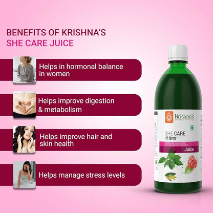 Krishna's Herbal & Ayurveda She Care Juice for Women Wellness in a glass bottle with herbal ingredients.