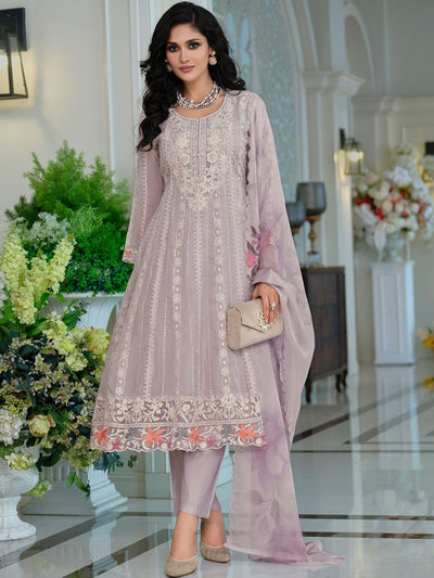 Dhiyona IE Floral Embroidered Thread Work Organza A-Line Kurta & Trousers With Dupatta