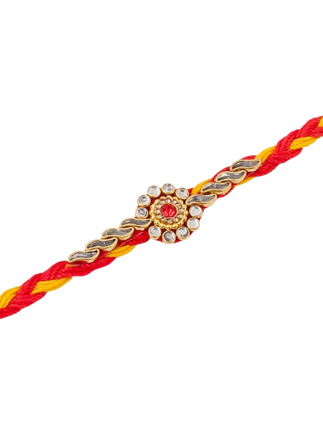 Anouk Men Set Of 3 Red & Yellow Kundan Studded Floral Design Thread Rakhi With Roli Chawal