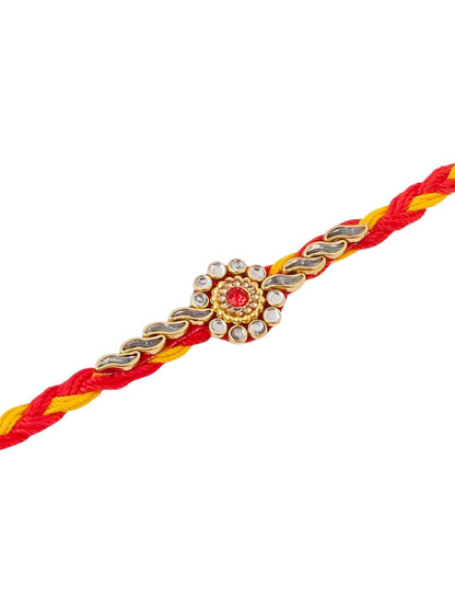 Anouk Men Set Of 3 Red & Yellow Kundan Studded Floral Design Thread Rakhi With Roli Chawal