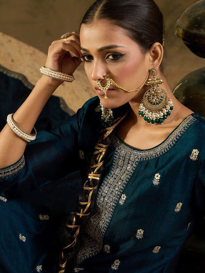 Dhiyona IE Ethnic Embroidered Thread Work Round Neck Silk Blend Kurta with Trouser & Dupatta