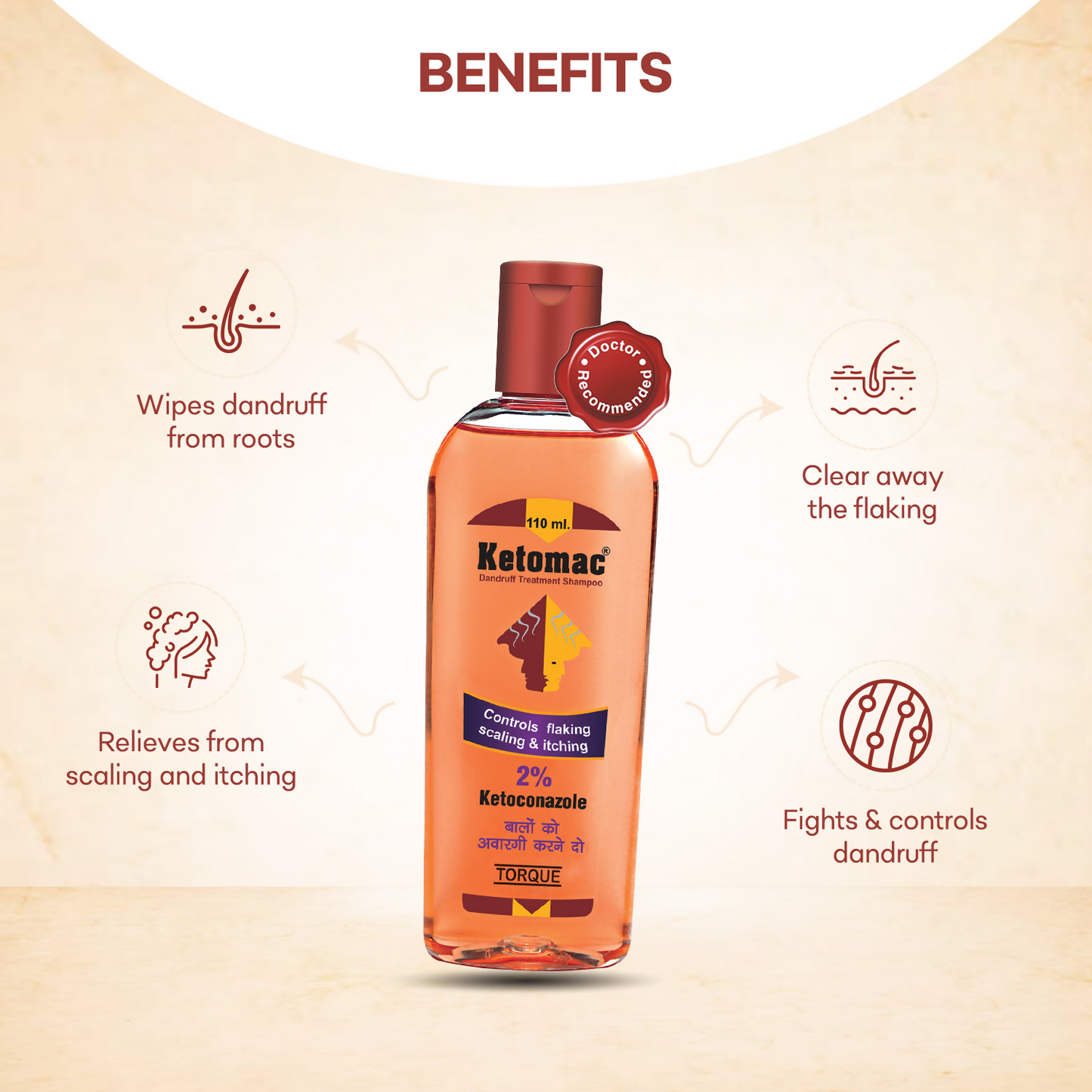 Torque's Ketomac dandruff treatment shampoo bottle with label, designed for scalp and hair care, shown from a front view.
