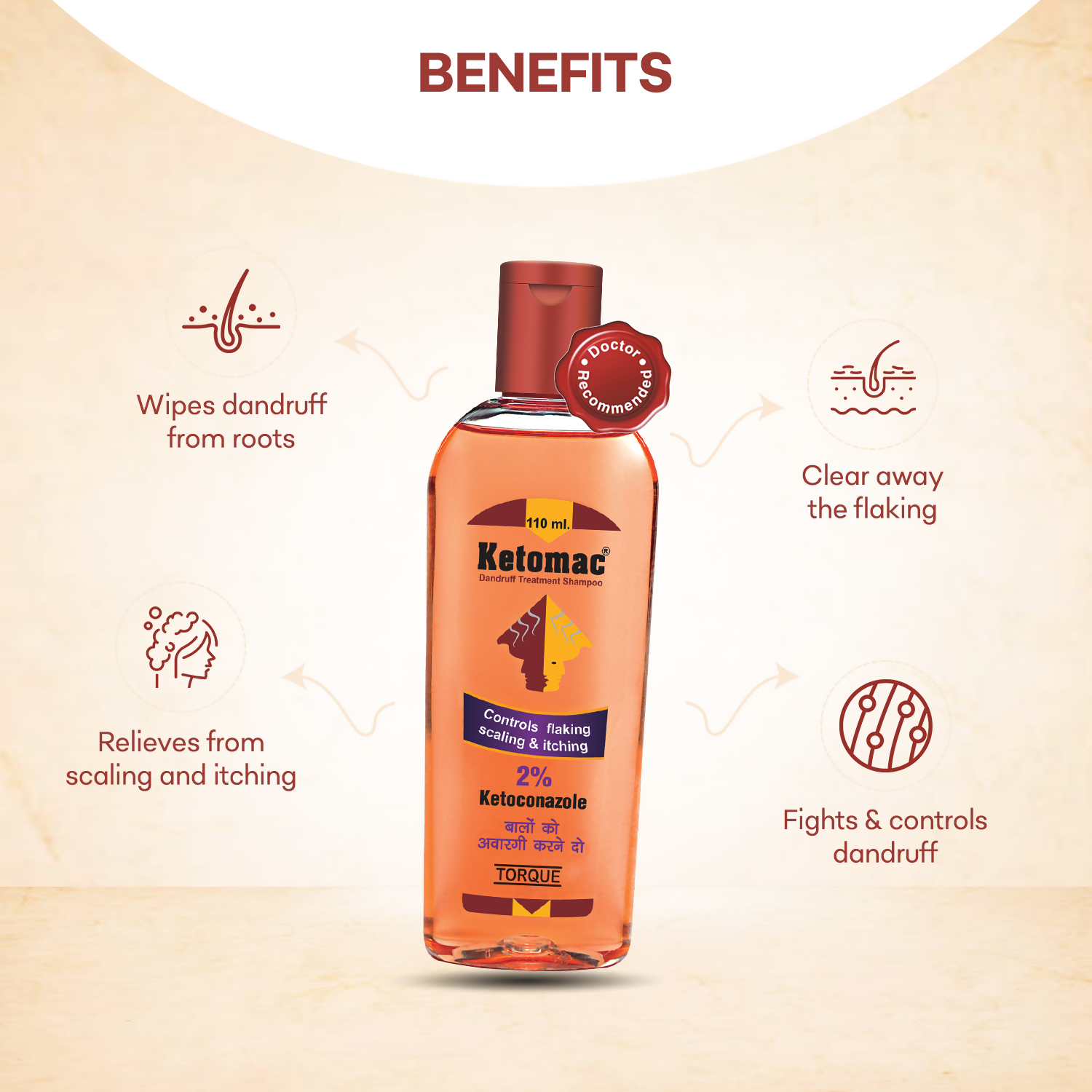 Torque's Ketomac dandruff treatment shampoo bottle with label, designed for scalp and hair care, shown from a front view.