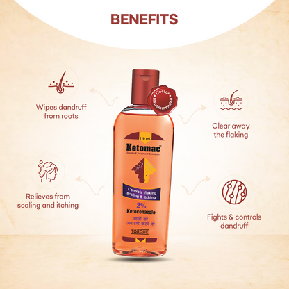 Torque's Ketomac dandruff treatment shampoo bottle with label, designed for scalp and hair care, shown from a front view.