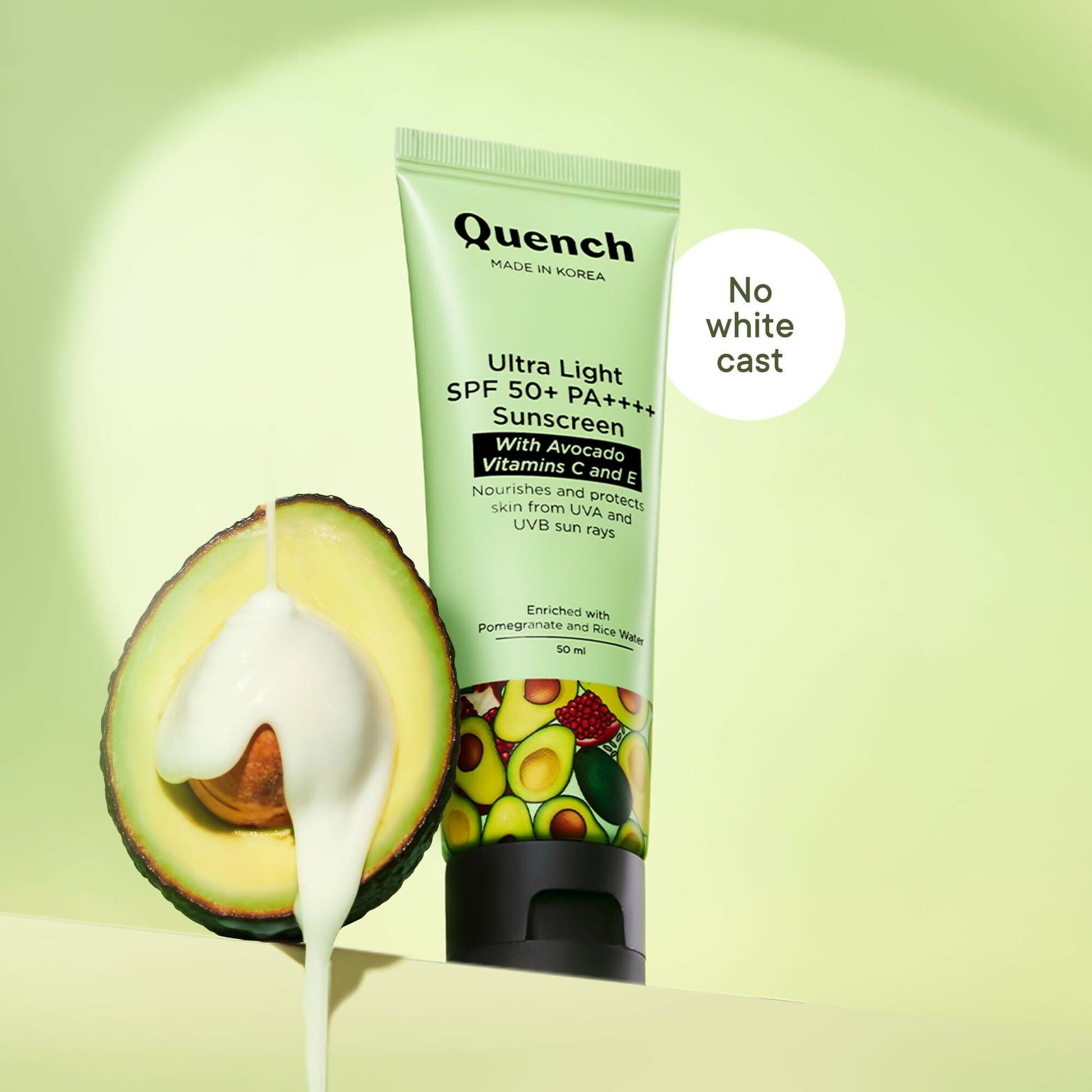 Quench Vitamin E Ultra Light SPF 50+ PA++++ sunscreen bottle with a minimalist design for glowing skin protection.