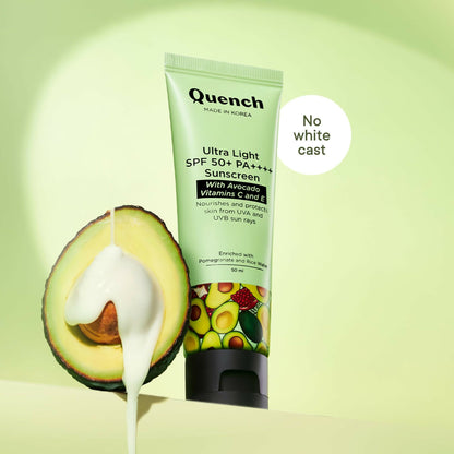 Quench Vitamin E Ultra Light SPF 50+ PA++++ sunscreen bottle with a minimalist design for glowing skin protection.