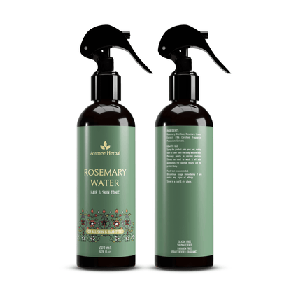 Avimee Herbal Rosemary Water hair spray for hair growth, scalp health, and hair fall control, shown in a clear spray bottle.