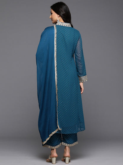 Indyancart VA Women'sBlue Polka Dots Printed Thread Work Silk Georgette Kurta & Trouser & Dupatta