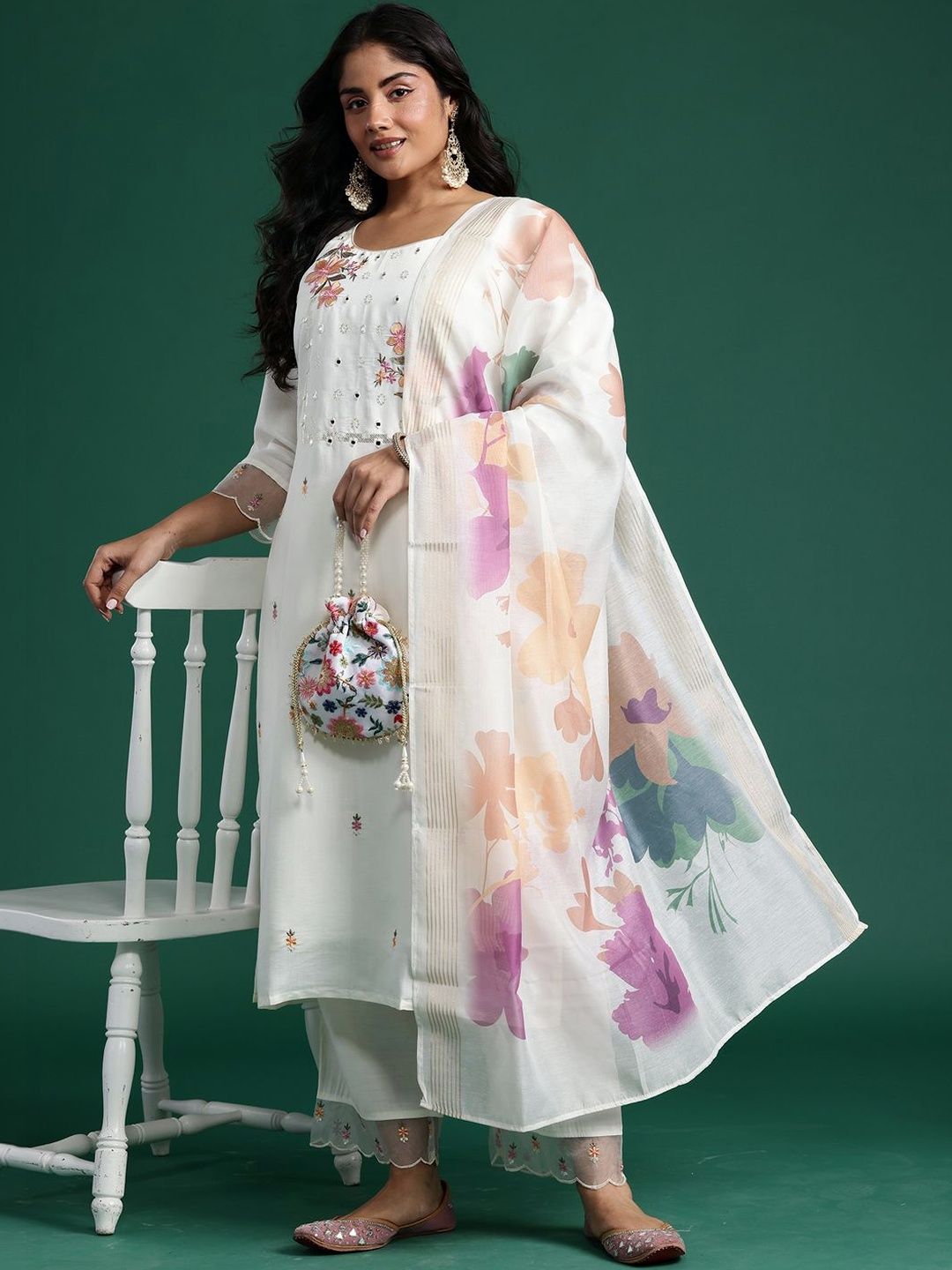 Indyancart Women's Floral Embroidered Regular Mirror Work Kurta with Trousers & With Dupatta