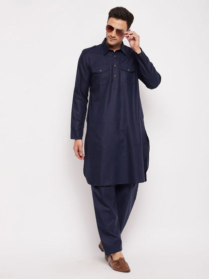 Men's Blue Cotton Blend Pathani Pathani Kurta Set