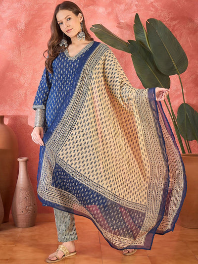 Indyancart SN Women's Floral Printed V Neck Pure Cotton Kurta With Trousers & Dupatta