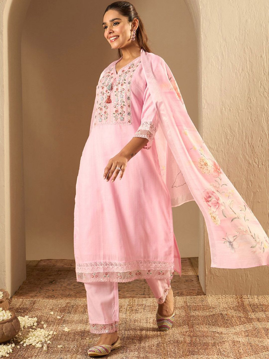Dhiyona IE Floral Yoke Design Straight Thread Work Pure Cotton Kurta with Trousers & Dupatta
