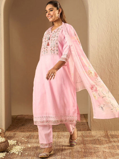Dhiyona IE Floral Yoke Design Straight Thread Work Pure Cotton Kurta with Trousers & Dupatta