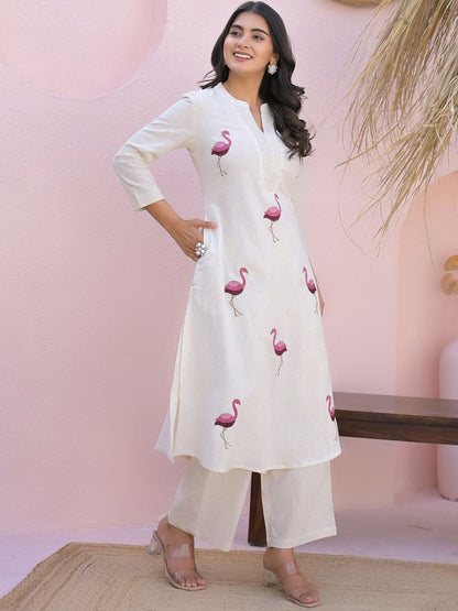 Indyancart IE Embroidered Mandarin Collar Pure Cotton Tunic With Palazzos