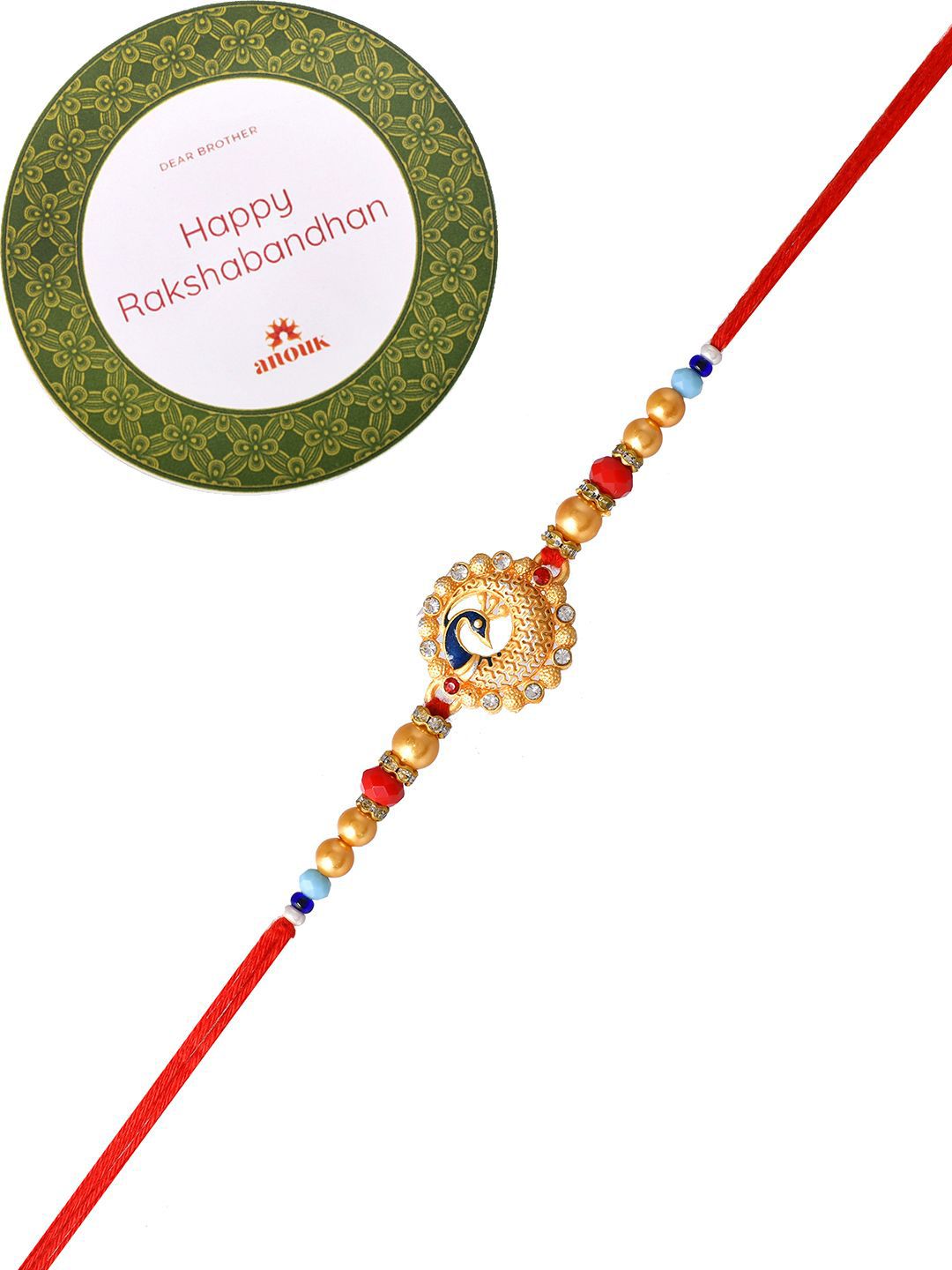 Anouk Gold Toned Beaded Peacock Patterned Rakhi With Roli Chawal & Greeting Card