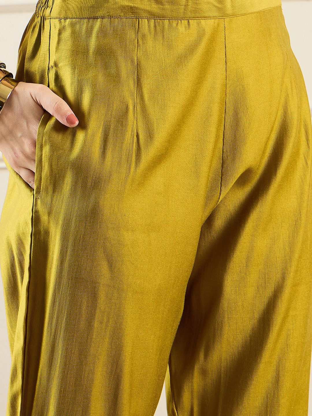 Floral Yoke Design Thread Work A-Line Liva Kurta With Trousers