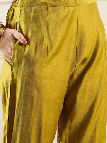 Floral Yoke Design Thread Work A-Line Liva Kurta With Trousers