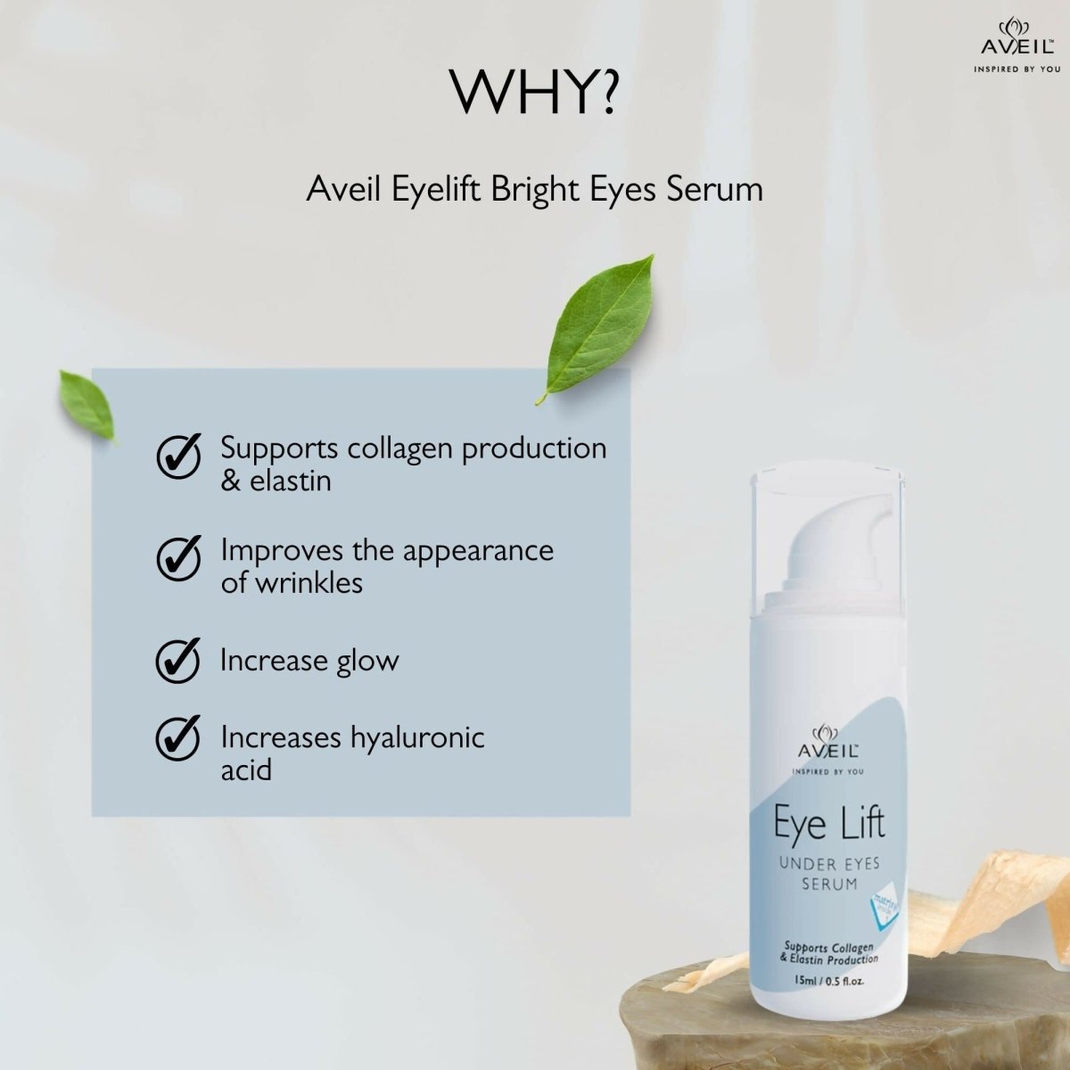 Aveil Eye Lift Under Eyes Serum with applicator, designed to reduce fine lines and wrinkles around the eyes.