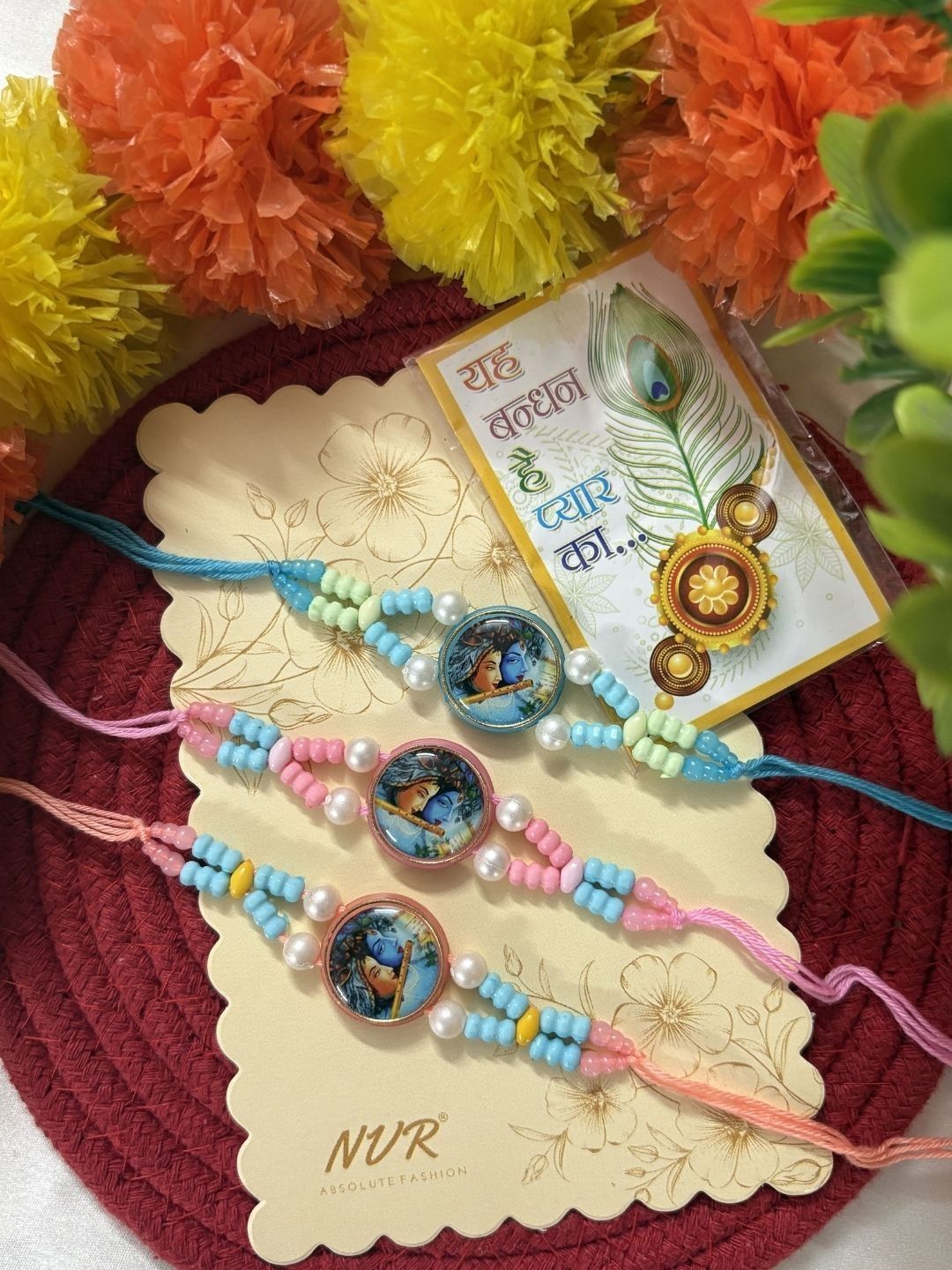Anouk Set Of 3 Radha Krishna Thread Rakhi With Roli Chawal Chandan Mishri
