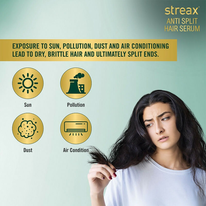 Streax Professional Anti Split Hair Serum with Bio-Elixir, showing a sleek bottle of hair serum on a neutral background.