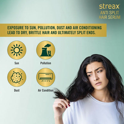 Streax Professional Anti Split Hair Serum with Bio-Elixir, showing a sleek bottle of hair serum on a neutral background.