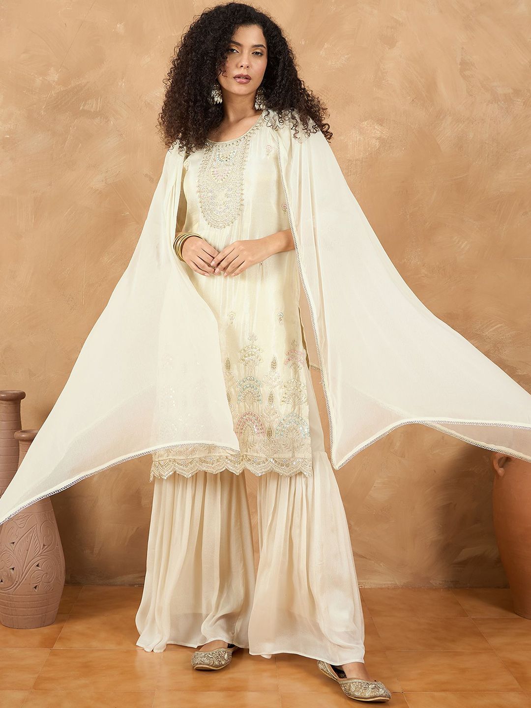 Indyancart VA Women Embroidered Straight Kurta with Sharara & Dupatta