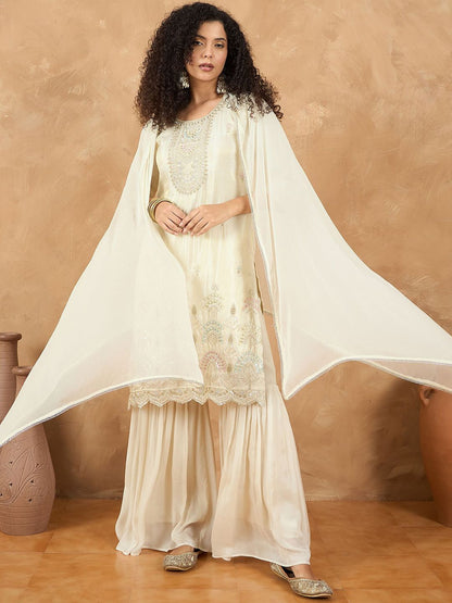 Indyancart VA Women Embroidered Straight Kurta with Sharara & Dupatta