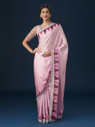 Indyancart KS Women's Sequin Embellished Geometric Printed Satin Saree