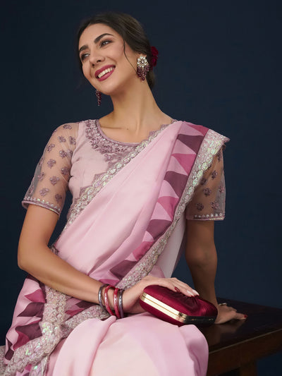 Indyancart KS Women's Sequin Embellished Geometric Printed Satin Saree