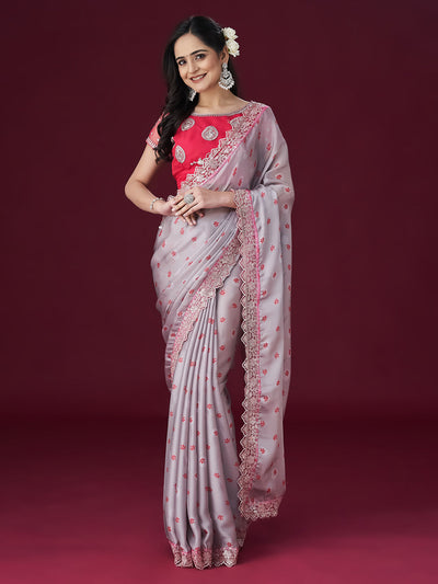 Indyancart KS Women's Floral Printed Sequin Embellished Satin Saree