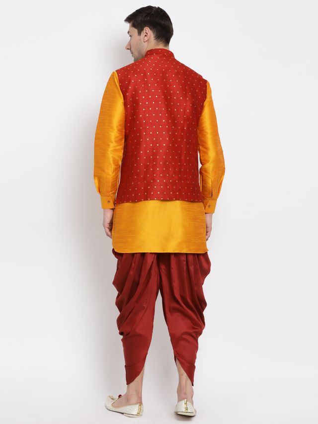 Men's Orange Silk Blend Straight Jacket  Kurta and Dhoti Set