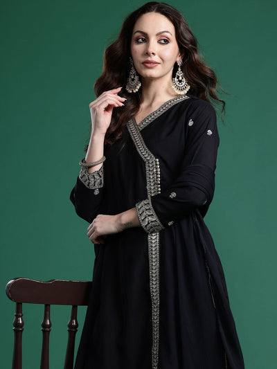 Indyancart IE Ethnic Motifs Embroidered Angrakha Thread Work Kurta with Trousers & Dupatta