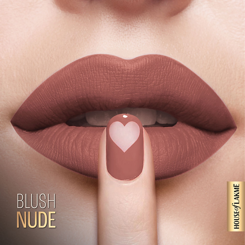 Lakme Xtraordin-Airy Velvet Matte Lip Mousse in Blush Nude, showcasing the soft, velvety lip gloss applicator and smooth nude shade.