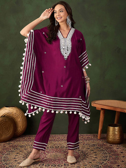 Indyancart SN Women's Purple Geometric Embroidered Mirror Work Roman Silk Kurta With Trouser