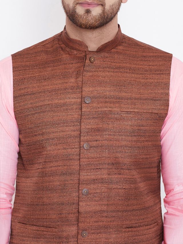 Men's Pink Cotton Blend Straight Jacket  Kurta and Pyjama Set