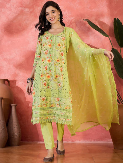 Indyancart SN Women's Floral Printed Pure Cotton Sweetheart Neck Straight Kurta With Trousers & Dupatta