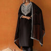 Indyancart IE Black Floral Yoke Design Straight Sequinned Kurta With Trousers & Dupatta