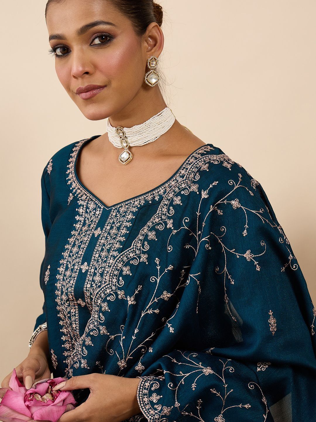 Women Ethnic Motifs Embroidered Regular Kurta with Trousers & With Dupatta