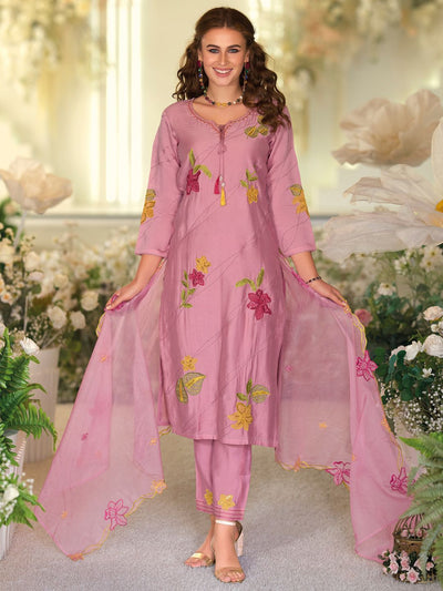 Dhiyona IE Floral Embroidered Tie-Up Neck Kurta With Trousers & Dupatta