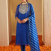 Indyancart IE Leheriya Printed Thread Work Round Neck Georgette Kurta With Trousers & Dupatta