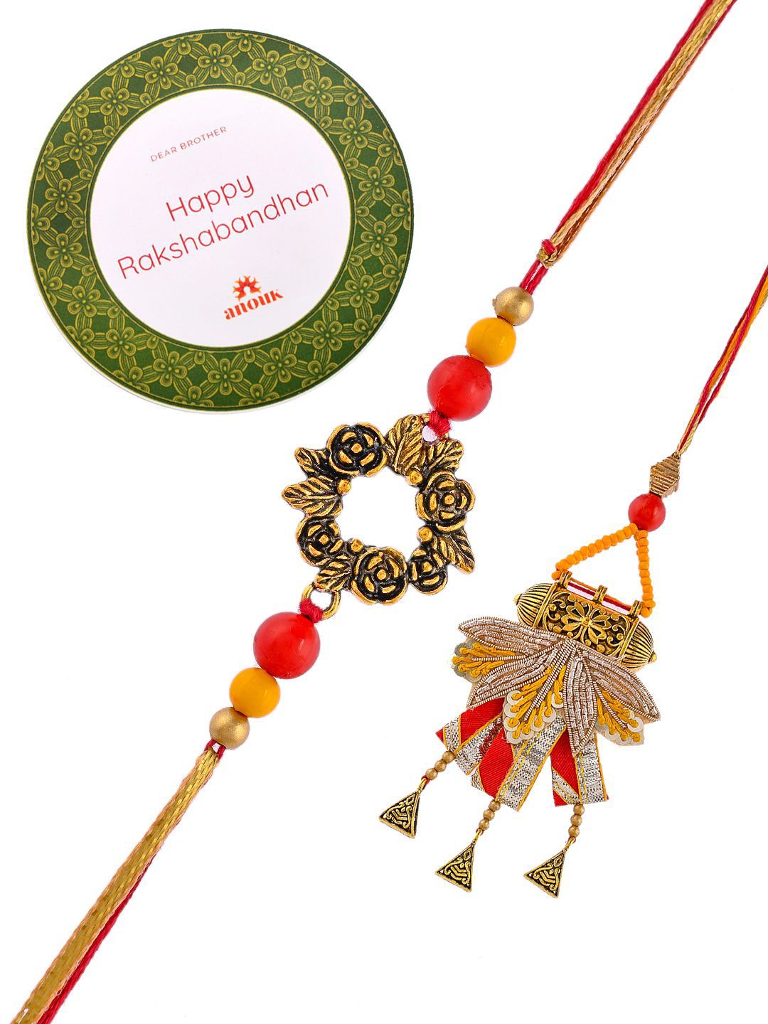 Anouk Orange Beaded Bhaiya Bhabhi Rakhis With Roli Chawal & Greeting Card
