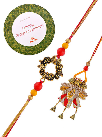 Anouk Orange Beaded Bhaiya Bhabhi Rakhis With Roli Chawal & Greeting Card