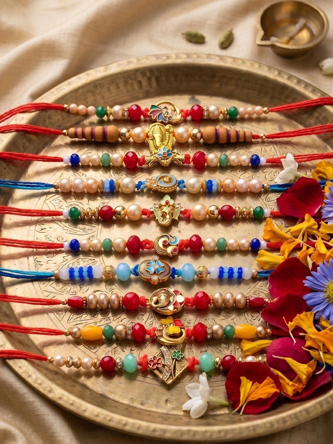 Anouk Set Of 10 Artificial Stones & Beads Thread Rakhi With Roli Chawal Chandan Mishri