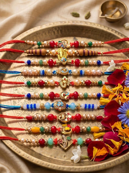 Anouk Set Of 10 Artificial Stones & Beads Thread Rakhi With Roli Chawal Chandan Mishri