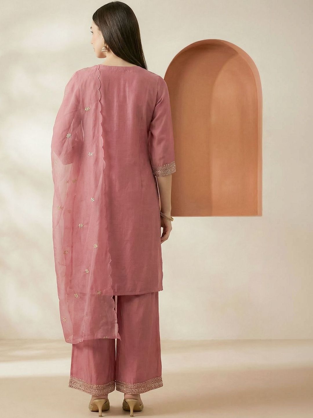 Indyancart IE Women Ethnic Motifs Embroidered Regular Thread Work Kurta with Palazzos & With Dupatta
