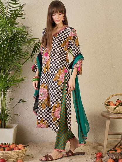 Women Checked Printed Cotton Kurta with Trousers & Dupatta