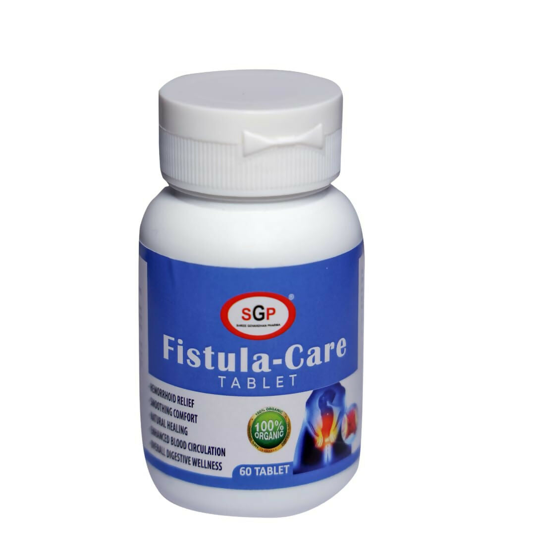 SGP Ayurvedic Fistula-Care Tablets in a bottle, natural herbal supplement for fistula relief, Ayurvedic medicine by SGP Ayurvedic.